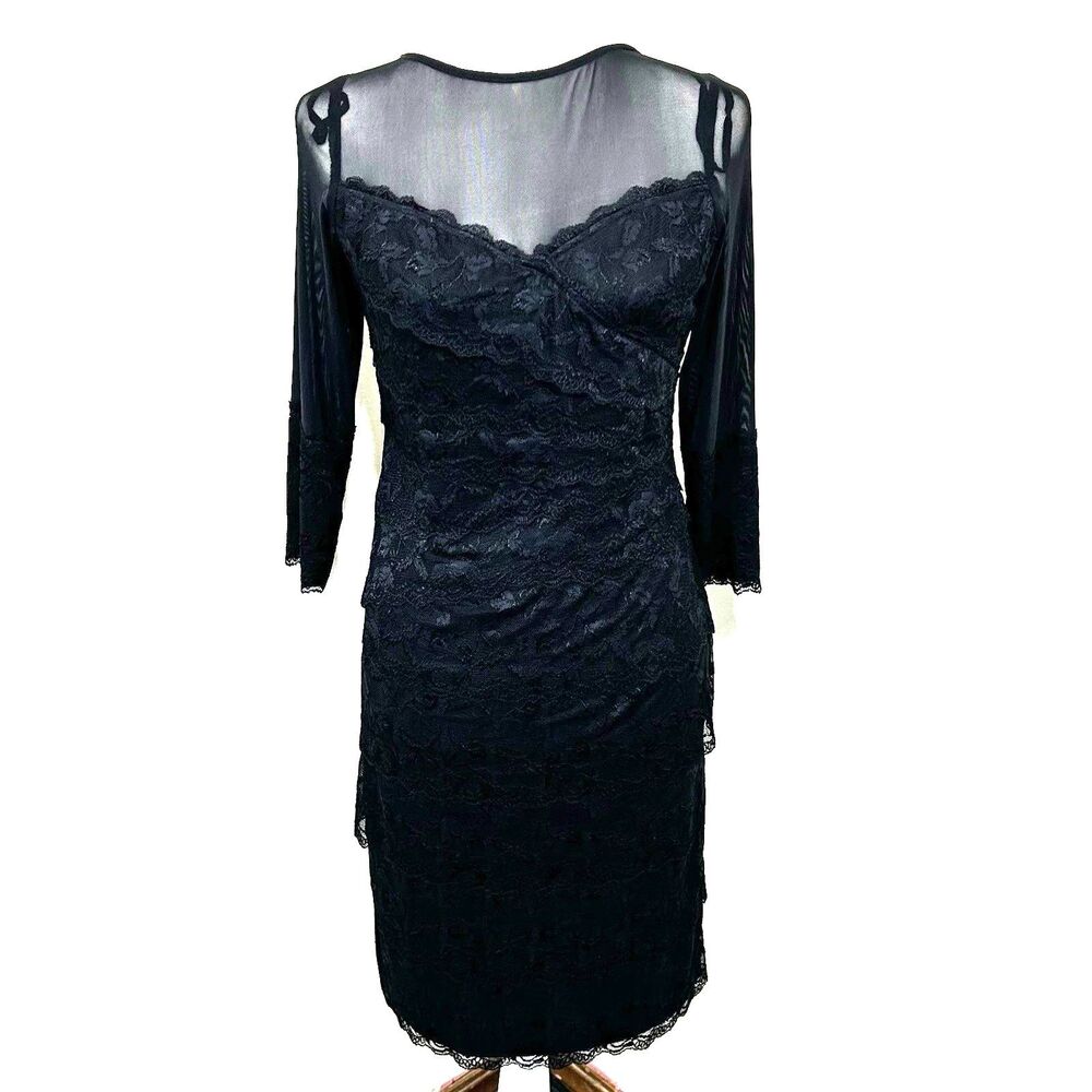 Marina Black Lace Dress Size 8 Long Sleeve Midi Dress Party Wedding Cocktail